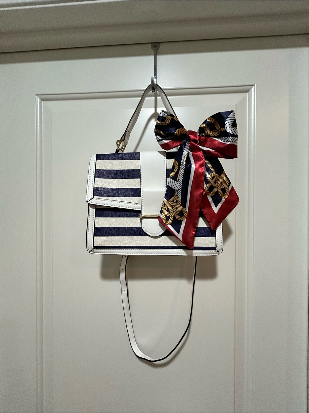 ALDO Striped Navy and White Satchel/Crossbody Bag with Decorative Scarf LIKE NEW